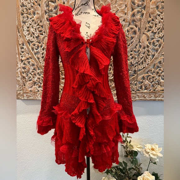 Lisha Sweaters - NWT: Lisha Red Boho Knit Ruffle Sweater Cardigan- size M